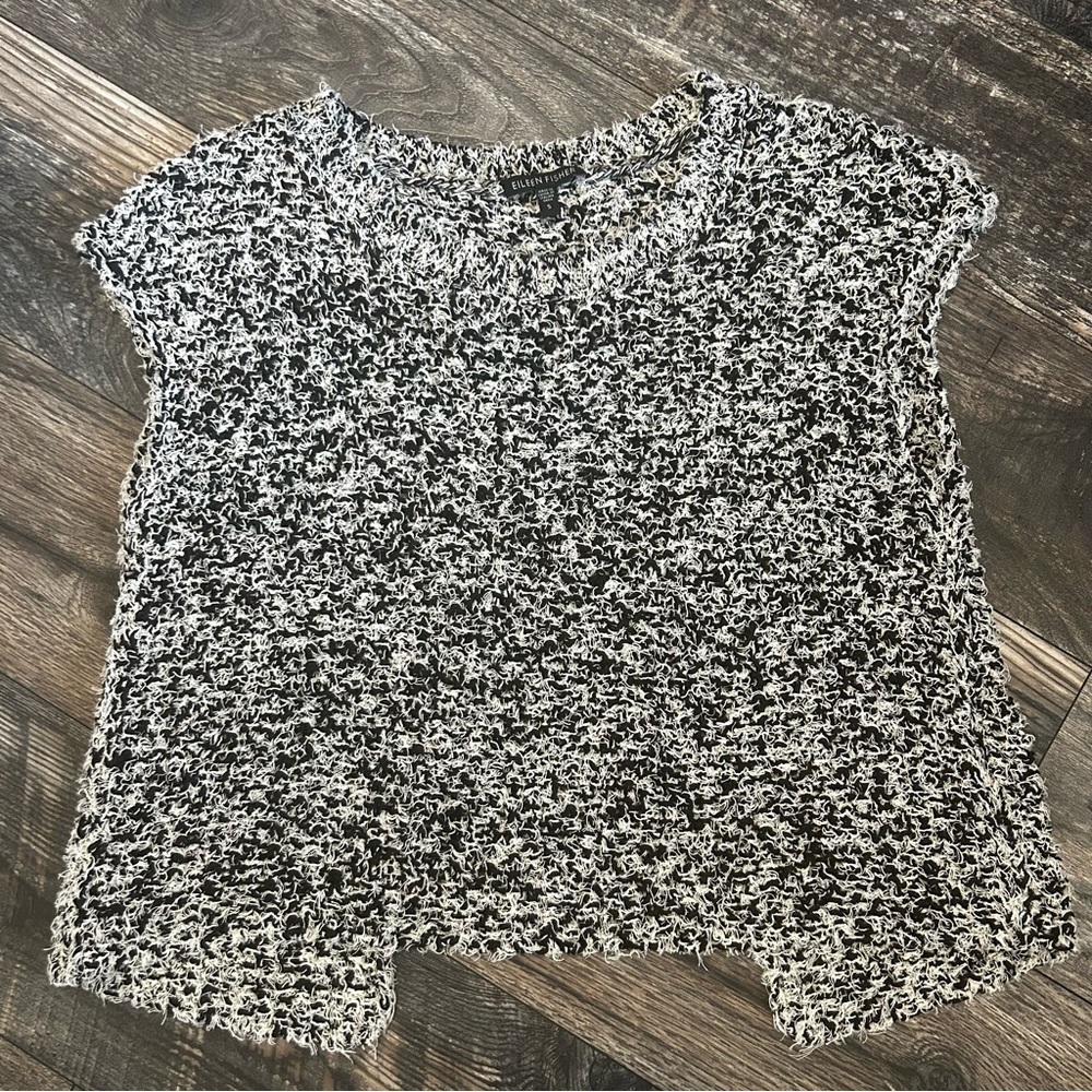 Eileen Fisher Knit Open Split Back Sleeveless Sweater Women’s Small Black White